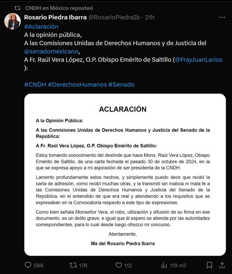 Rosario Piedra presenta carta falsa para respaldar su reelección como presidenta de la CNDH - rosario-piedra-cndh-869x1024